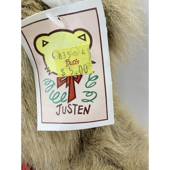 Vintage Justen 16" Plush Fuzzy Brown Teddy Bear With Red Bow Stuffed Animal - Picture 7 of 13